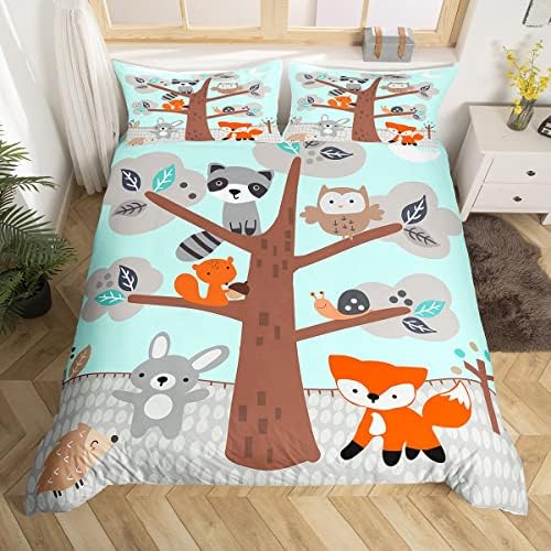 Toddler Cute Animal Bedding Set For Kids Boys Girls Children Nursery Cartoon Raccoon Owl Fox Comforter Cover Lovely Wild Animals Duvet Cover Ultra Soft Decor Nature Bedspread Cover Full Size Zipper