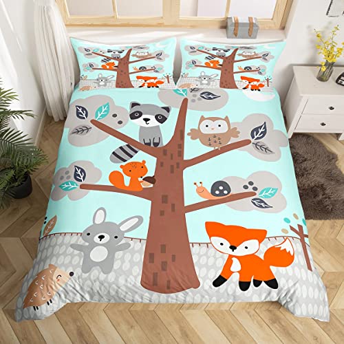 Toddler Cute Animal Bedding Set For Kids Boys Girls Children Nursery Cartoon Raccoon Owl Fox Comforter Cover Lovely Wild Animals Duvet Cover Ultra Soft Decor Nature Bedspread Cover Full Size Zipper #TOP2