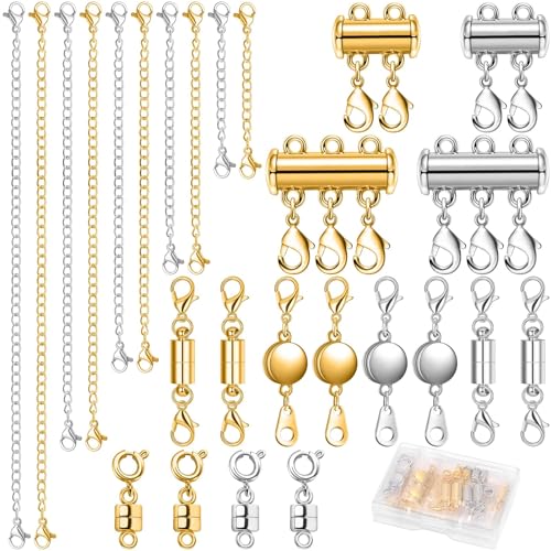Image of ROADPLUM 26 Pcs Magnetic Necklace Extender, 5 Style Strong Magnetic Jewelry Clasps and Necklace Layering Clasps with Chain Extenders for Women Necklaces Bracelet, Gold and Silver