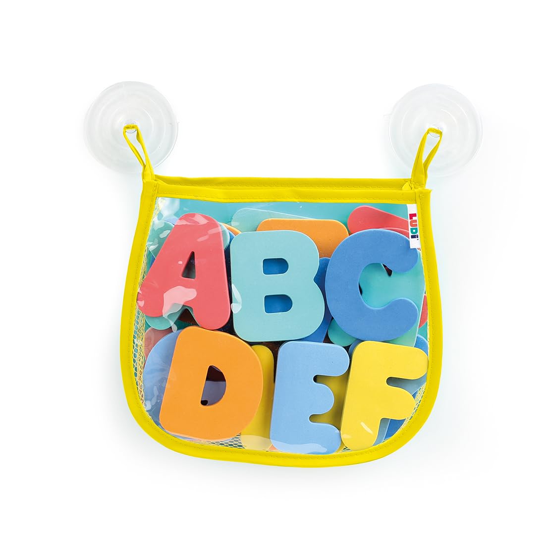 LUDI – Bath Alphabet – 26 EVA Foam Letters – Adhesive Bathtub Letters – Net Bag with Suction Cups – From 10 Months