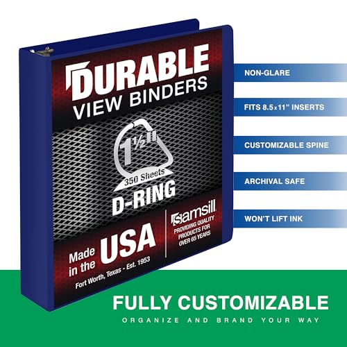 Image of Samsill Durable 1.5 Inch Binder, D Ring Binder, Customizable Clear View Cover, Dark Blue, Holds 350 Pages