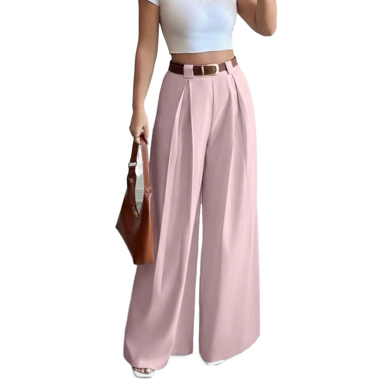 Womens Wide Leg Casual Pants Spring Summer High Waist Solid Color Culottes Paired with Belt