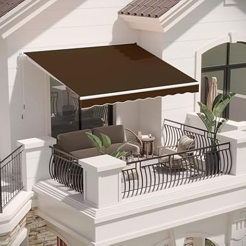 U-MAX Retractable Awning, 10'x8' Manual Awnings for Patio Sun Shade Shelter, Water-Resistant Polyester Cover Outdoor Door Window Awning with Crank Handle for Deck, Home, Backyard, Balcony, Brown Cover