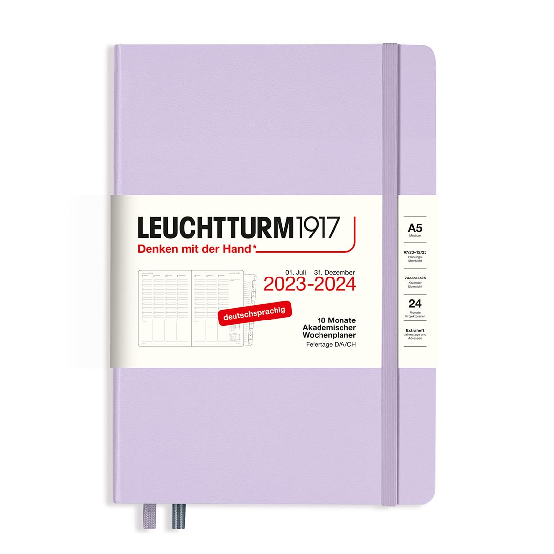 LEUCHTTURM1917 367548 Academic Weekly Planner Medium (A5) 2024, 18 Months, Lilac, German, fliederfarben