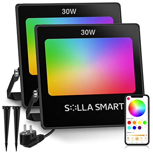 SOLLA Lot de 2 RGBW Projecteur LED Exterieur 30W contrôlé par smartphone, Intelligente RGB Spot LED de Couleur, IP66 Etanche, 20 Modes 16 millions Couleurs, Puissant LED Projecteur Multicolore
