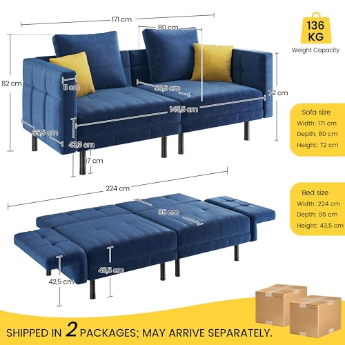 Yaheetech Trennbares Sofa mit Schlaffunktion, Schlafsofa 2 Sitzer aus Samtstoff, Schlafcouch mit 4 Kissen, 170x80x72.5 cm Multifunktionaler Schlafsessel fürs Wohnzimmer/Schlafzimmer/Gästezimmer, Blau