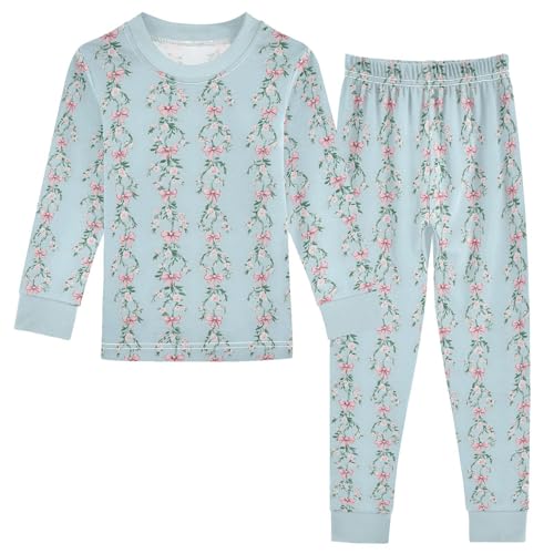 Cartoon Pajamas Set Pink Bows Flower Pattern Leaves Long Sleeve PJs Cotton Jammies Sleepwear Top and Pants