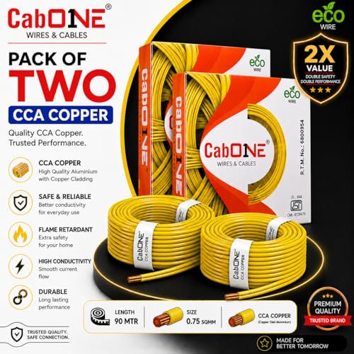 Image of CabONE 0.75 SQ.MM FR PVC Insulated Copper Electrical Wire, 90 Meter (Yellow, Pack of 2) | ISI Marked Fire Retardant Single Core Cable for Home Wiring