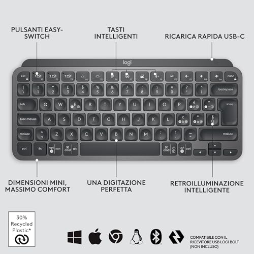 MX Keys Mini Tastiera Illuminata Wireless, Minimal, Compatta, Bluetooth, Retroilluminata, USB-C, Compatibile con Apple/macOS/iOS/Windows/Linux/Android, Layout Qwerty Italiano, Grafite - Tastiera gaming - Immagine 7