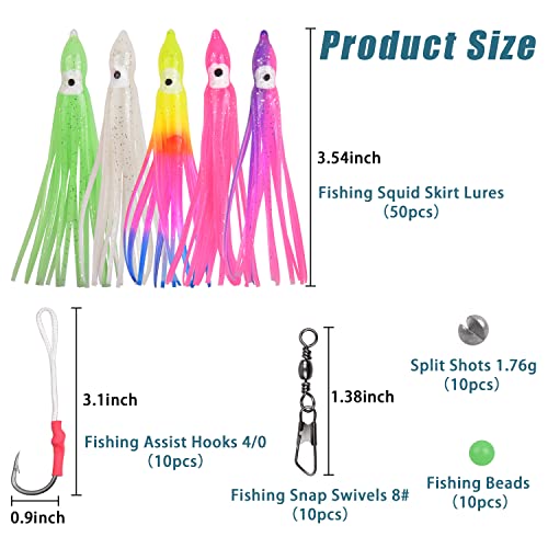 Squid Skirts Saltwater Trolling Lures Kit, 90Pcs Soft Plastic Squid Skirts With Assist Fishing Hooks Barrel Swivels Fishing Weights Beads For Wahoo Tuna Marlin Dolphin #TOP4