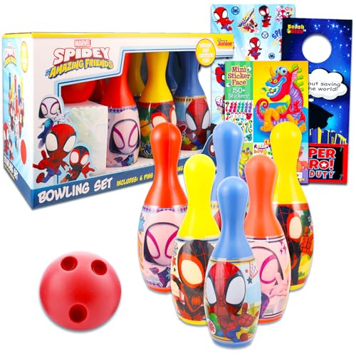 Spidey and His Amazing Friends Bowling Games Activities Bundle for Toddlers, Kids - 3 Pc Marvel Spiderman Bowling Set with Stickers, and More | Spidey and Friends Playset