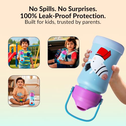 Image of rabitat Steel Play Personalized Kids Stainless Steel Water Bottle 450ml | 2 Year Warranty | Leakproof Sipper, Soft Silicone Spout, Flip-Lock Cap & Handle, BPA-Free 18 /8 SS, Anti-Skid Base, Adorable