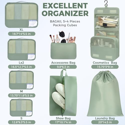 Image of BAGAIL 9 Set Packing Cubes with Packing List Luggage Packing Organizers for Travel Accessories (Matcha Green)