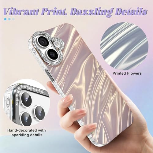 Image of DIZORO Compatible with iPhone 17 Case | Marble Glossy Hard PC Back Cover with Diamond Camera Protector | Ultra Stylish Shockproof Back Cover Case for Girls Women-Pink