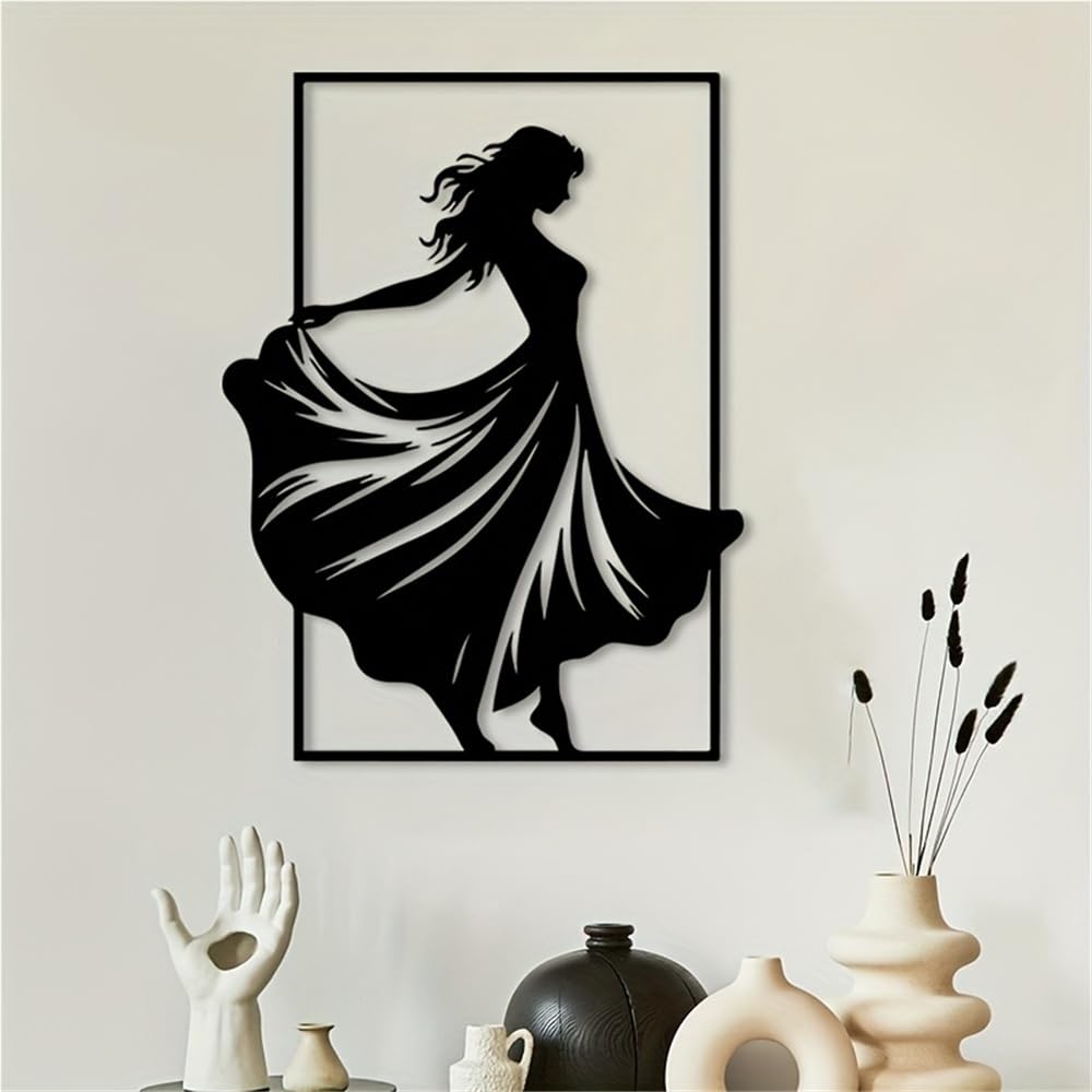 Decoración de pared abstracta contemporánea de metal con figura de mujer bailando, colgante rústico de hierro negro con vestido vaporoso para sala de estar, dormitorio o jardín exterior (40 cm/16