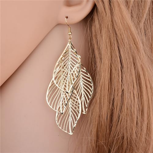 MALOYANVE Bohemian Filigree Leaf Earrings for Women Unique Handmade 14K Gold Plated Leaf Drop Earrings Lightweight Hyopallergenic Leaf Chandelier Dangle Earrings Jewelry Gift3