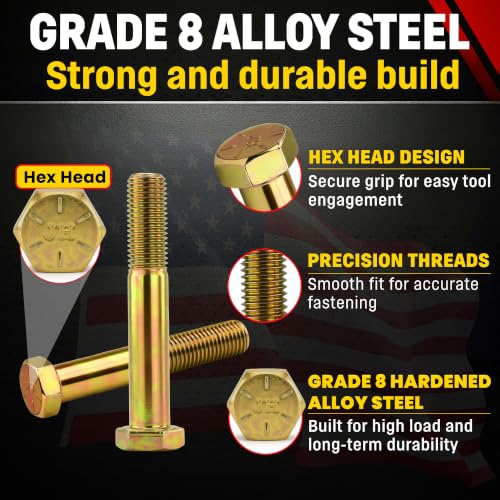 Image of Chenango Supply 5 /8-11 x 5 Grade 8 Hex Head Cap Screws, Alloy Steel Hex Bolts, 150,000 PSI Tensile Strength, Yellow Zinc Chromate Finish, USS Coarse Thread Fasteners (10 Pack, 5 /8-11 x 5 G8)