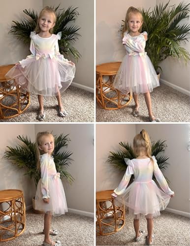 Image of Arshiner Toddler Girls Tulle Dresses with Bow Tie Fall Winter Long Sleeve Formal Party Dress 1-7 Y