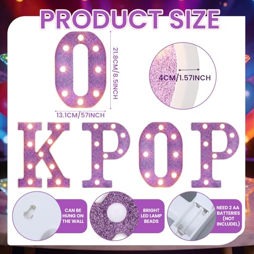 Wettal 4 Pcs Kpop Birthday Decorations Purple 8.6 Inch Kpop LED Letter Lights Pop Prom Party Supplies Music Theme Anniversary for Character Fans Super Singer Birthday Decorations for Wall Shelf Table - Image 2
