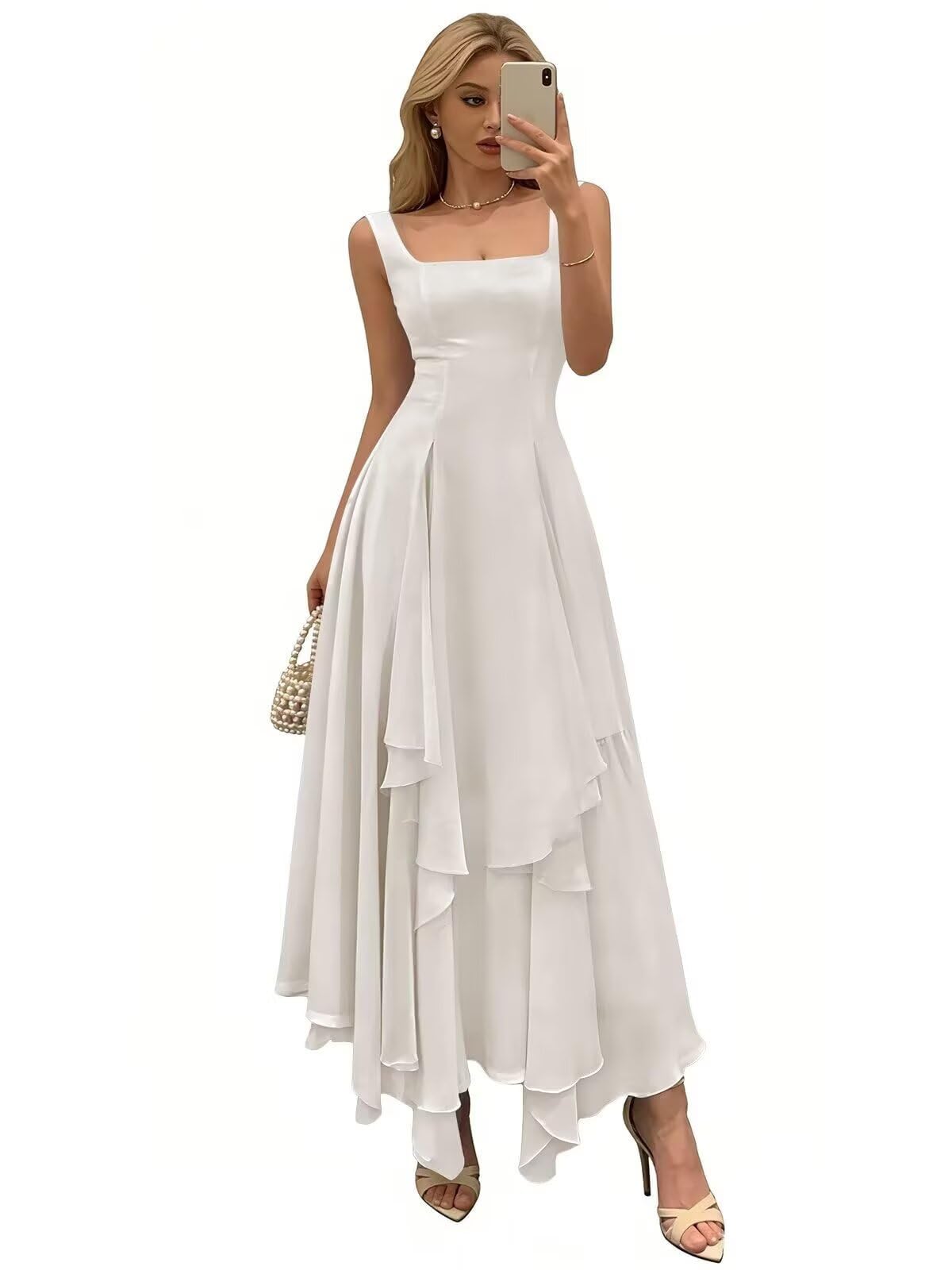 Woyiam Square Neck Bridesmaid Dresses for Women Ruffled Long Formal Wedding Guest Dress