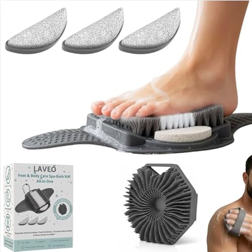 LAVEO Foot & Body Spa-Bath Kit All-in-One – Foot Brush with Built-In Pumice Stone, 3 Replacement Stones, Bonus Silicone Body Brush, Callus & Dead Skin Remover, Non-Slip Mat