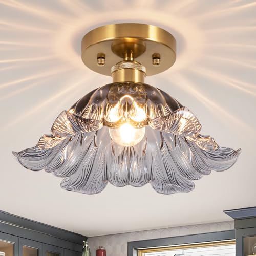 Image of Vintage Chandeliers ceiling light, E27 28cm Semi Flush Retro Ceiling lamp with Smoky Gray Glass shade Vintage Ceiling Light Fixture for Hallway Bedroom Kitchen DiningRoom LivingRoom -Bulb not Included