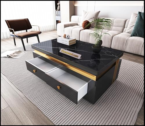 Image of Premium Marble-Top Wooden Center Table for Living Room | Coffee Table | Contemporary Design Craftsmanship (Black with Drawer - 42x24x17 Inch)