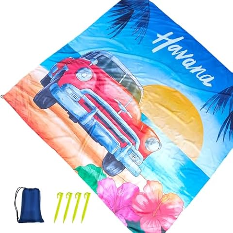 sheelokhwui Printed Beach Blanket. Extra Large 106x81 inch, Fits Up to 10 People. Sandproof Nylon Beach Mat. Lightweight, Du-Rable, Water Repellent - with Carry Pouch and Stakes - Cuba Vacation Cover