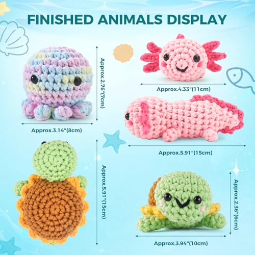 Image of Crochet Kit for Beginners, 5 Pack Amigurumi Beginner Crochet Kits Animals, Crochet Turtle Axolotl Octopus Crocheting Kit, Easy Knitting Kit for Beginners with Step-by-Step Video Craft Kits for Adults