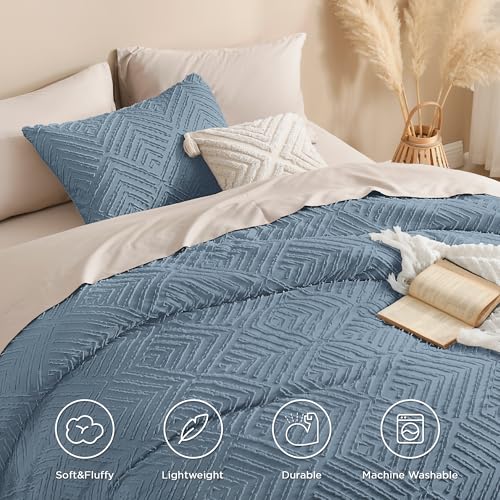 Image of Andency Blue Comforter Set Full Size, 3 Pieces Boho Lightweight Fluffy Bedding Comforter Set for Full Bed, Tufted Farmhouse Design Bed Set for All Season (1 Comforter 79x90In, 2 Pillowcases)