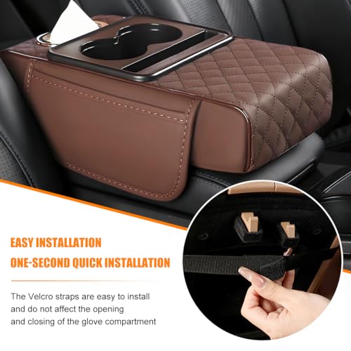 Image of Car Armrest Cushion, 5-in-1 Nappa Leather Vehicle Centre Console Cover with 2 Storage Pockets, Cup Phone & Phone Holder, Multifunctional Auto Organiser Accessories, Universal Fit (Coffee)