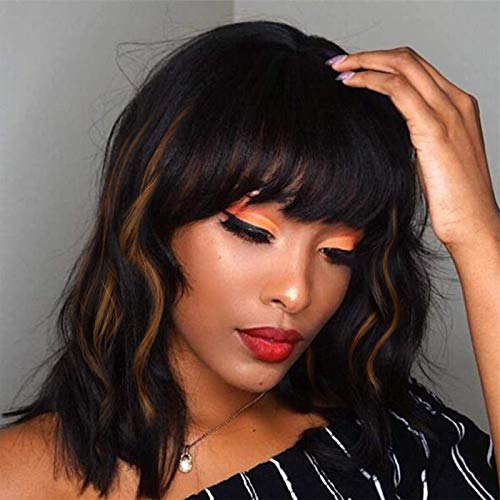 Stamped Glorious Curly Short Bob Wig with Bangs for Women Black Mixed Brown Shoulder Length Short Wavy Bob Wigs 14 Inches Synthetic Natural Looking Heat Resistant Fiber Hair