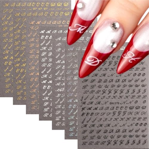 7 Sheets Letter Nail Stickers 3D Old English Alphabet Nail Decals Self Adhesive Gold Silver Black White Retro Cursive Scrip Goth Design Nail Art Decorations for Women