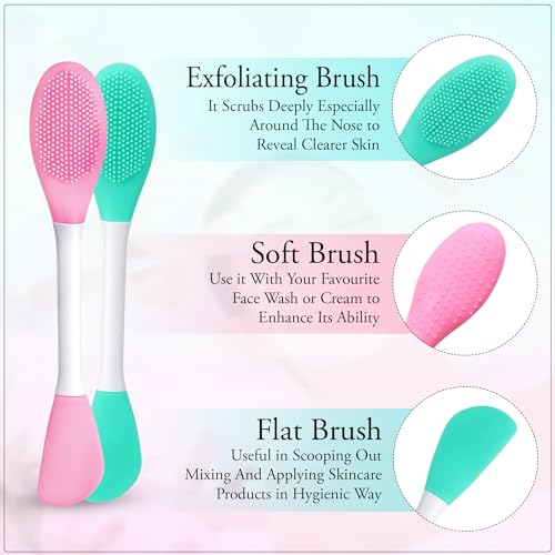 Image of GLUN 2 in 1 Face Mask Applicator Spetula & Lip Facial Cleansing Brush, Pack of 2 Made with Hygienic Soft Silicone Bristle For Gentle Exfoliation
