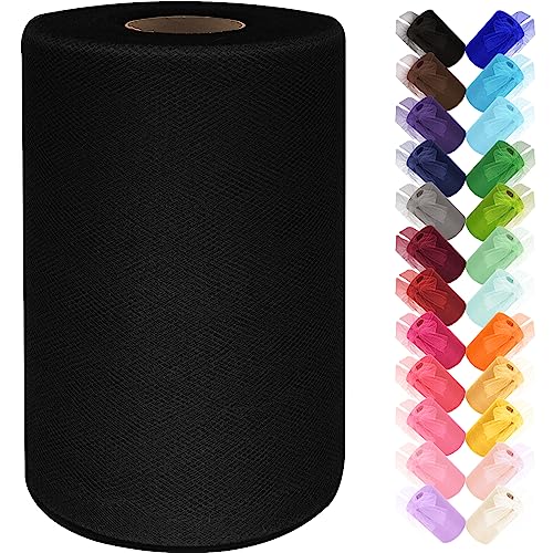 Black Tulle Fabric Roll 6 Inch by 100 Yards (300 ft) Tulle Ribbon Sheer Mesh Netting for DIY Tutu Skirt Gift Wrapping Wedding Baby Shower Birthday Halloween Party Decorations Crafts 34 Colors (Black)