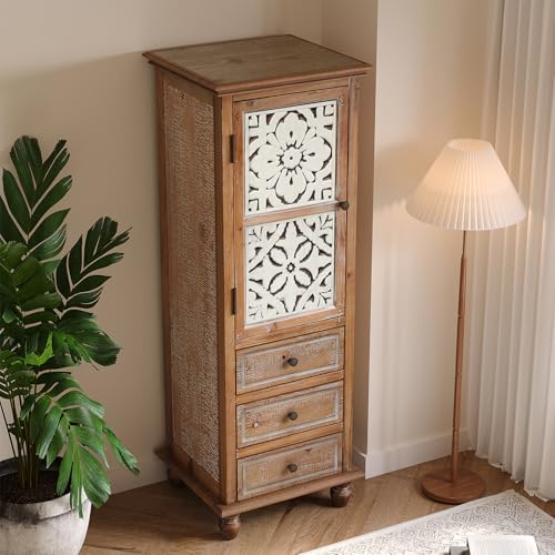 Image of Tall Storage Cabinet with Carved Drawers, Vintage Wood Accent Cabinet, Decorative Narrow Storage Cabinet for Living Room, Entryway, Kitchen, and Hallway with 3 Drawers and 1 Door