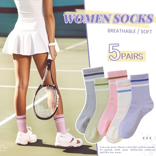 SeeyAN Womens Crew Socks Athletic Casual Cotton Long Socks Stripe Sport High Socks 5 Pairs2