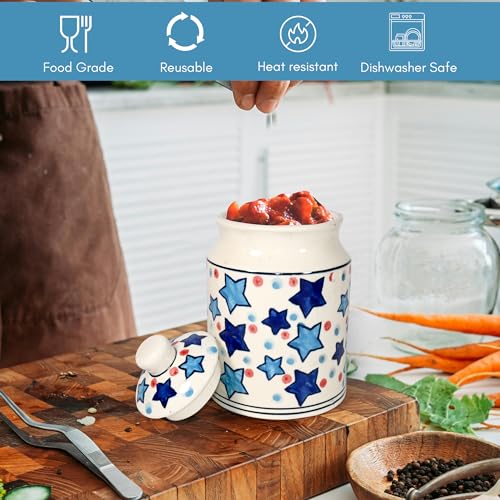 Image of Ceramic Pickle Jars For Storage Achar Chini Mati Barni Bharani Jars Jadi Jaadi Jadilu Pots Containers For Storing Salt, Tamarind Kitchen Storage With Lid, 850ML NON AIRTIGHT, Blue Stars