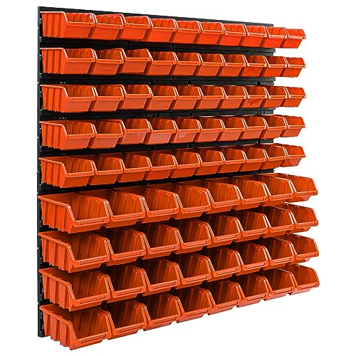 Panneau porte outils 77 x 78 cm et 82 caisses de rangement orange, etagère murale boites de rangement bacs a bec, système de rangement crochets a outils, supports, atelier, garage, banc de travail