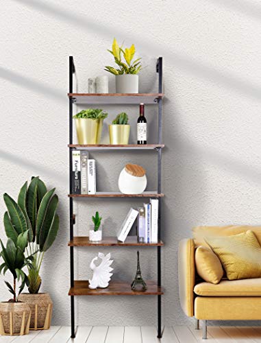 amzdeal Industrial Ladder Shelf, 5-Tier Bookshelf, Plant Stand,Rack Storage Shelves,Display Shelf,Stable Metal Frame,for Bathroom, Kitchen, Living Room,Balcony,Bedroom,Office