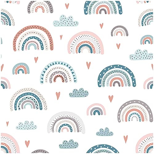 VmG-Store Tela de algodón por metros, 140 cm de ancho, tela para coser, tela infantil para cojines, ropa de bebé, ropa infantil, bricolaje (arco iris pastel blanco Bc018)