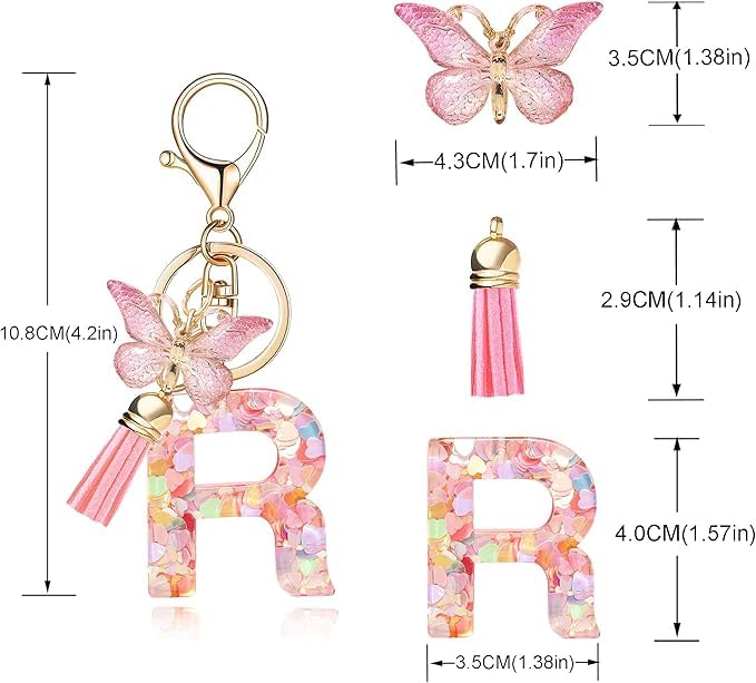 Image of GEOCARTER Lightweight Fashion Initial Letter Key Ring with Butterfly Pendant & Tassel, Stylish Purse Charm for Handbags, Car Keys, Gifts for Girls & Women