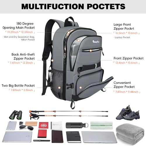 Seektop 40L Hiking Backpack Foldable Daypack for Women Men, Lightweight Travel Backpack Carry on Flight Approved Work Business Leisure Bag (Gray)
