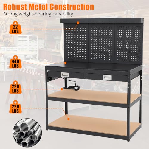 Work Bench 48" Adjustable Height,3-Tier Heavy-Duty Portable Workbench with Power Outlets and Drawer for Garage & Workshop, 880 LBS Load Capacity, Work Table for Office, Home, Easy Assembly