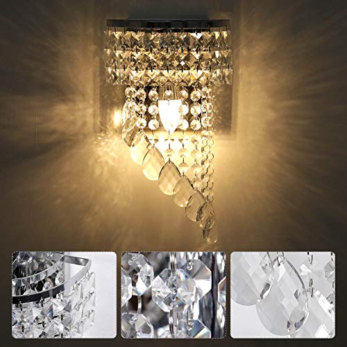 KAWELL Modern K9 Crystal Wall Light Fixtures Indoor Crystal LED Wall Lamp Chrome Finish Stainless Steel E14 Lamp Base Crystal Wall Sconce Light for Bedroom Living Room Hallway Girl Room - Image 2