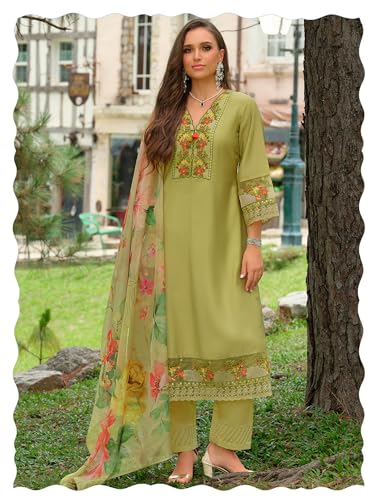 Image of INDO ERA Women's A-Line Silk Blend Floral Embroidered Kurta & Pant with Dupatta Set (IEOUT10970)