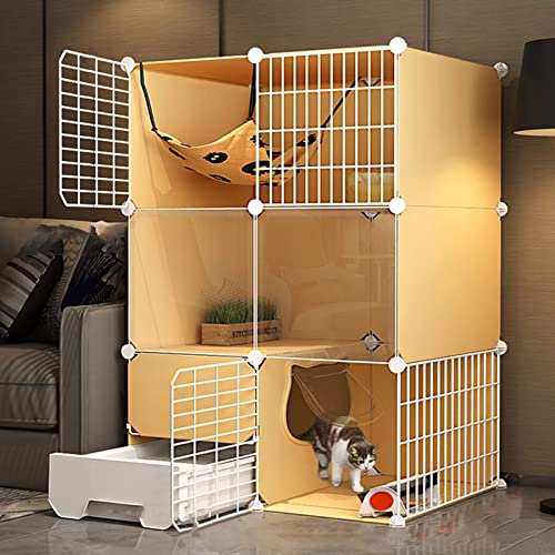 GHKFEJGDEN 大型猫ケージ 屋内 - 小動物ケージ DIY ワイヤーフェンス 猫小屋 猫ケージ 屋内 大型 1~2匹の猫、フェレット、チンチラ、ウサギ、小動物用のトイレ付き(カラー: イエロー、サイズ: