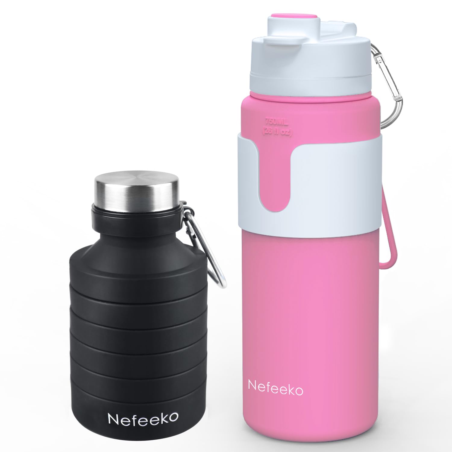 26oz Collapsible Water Bottles Bundles, Silicone Foldable Water Bottles Leakproof BPA Free Travel Water Bottles with Carabiner (Black+Pink)