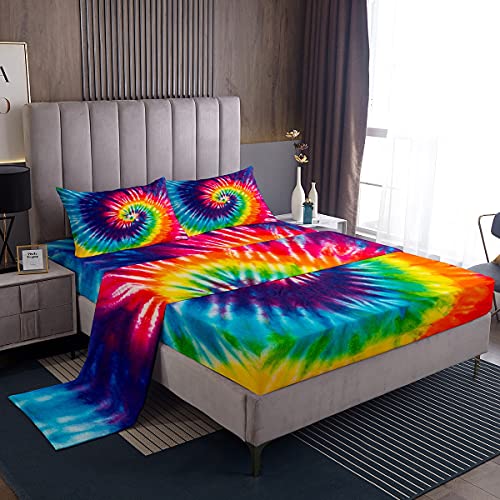 Loussiesd Tie Dye Sheet Set Double Size Kids Girls Boho Trippy Swirl Bed Sheets Set Ultra Soft Bright Colorful Rainbow Bedding Set Women Teens Bohemian Gypsy Sheets,Microfiber