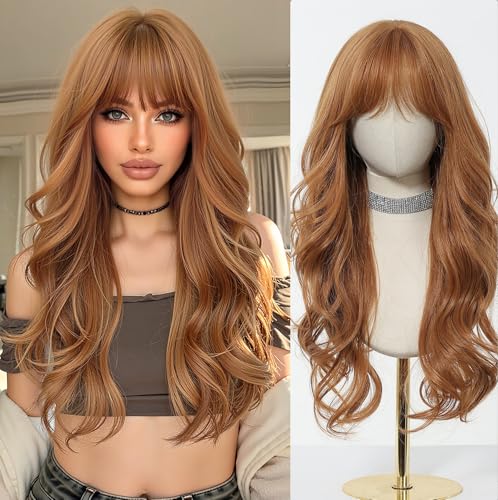 Esmee Peluca Larga Ondulada Rubio Fresa con Flequillo para Mujer Peluca Sintética Natural con Pelo Rizado Resistente al Calor para Fiesta Uso Diario